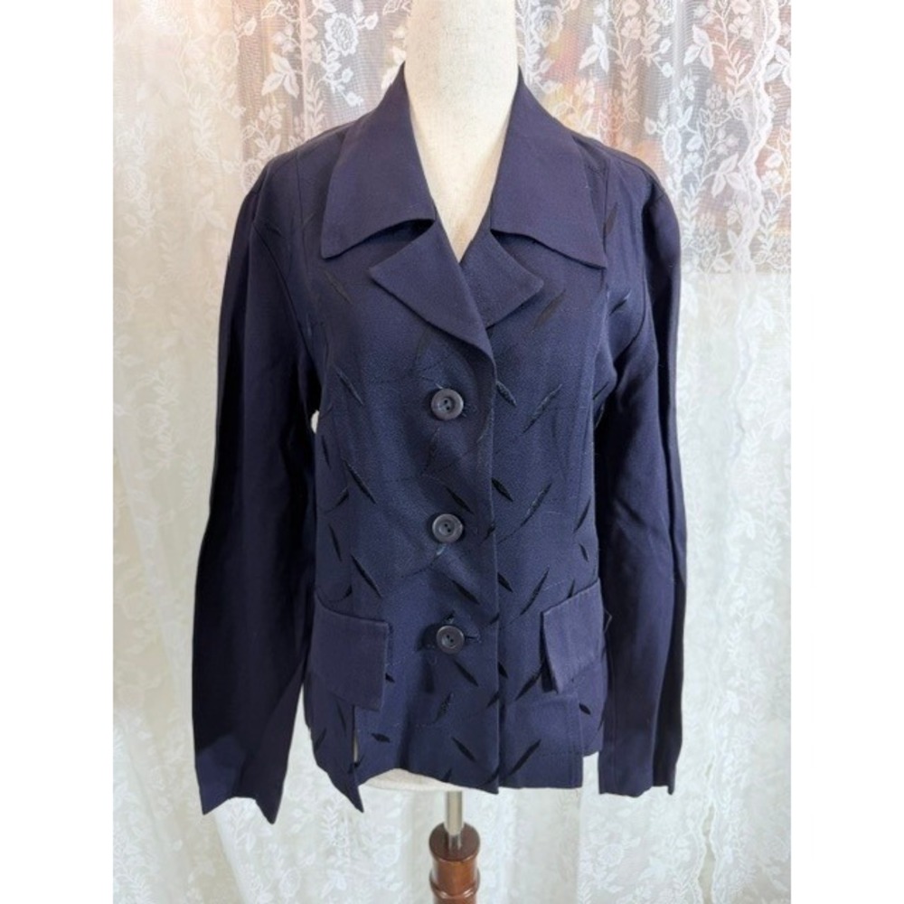 Vintage Dawn Joy Fashions Navy Blue Embroidered Leaf Blazer Jacket Size 7/8 USA